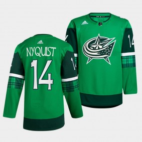 2022 St. Patricks Day Gustav Nyquist Columbus Blue Jackets #14 Green Warm-Up Jersey