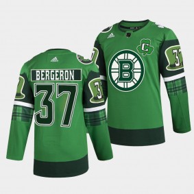 2022 St Patricks Day Patrice Bergeron Boston Bruins #37 Green Warm-Up Jersey