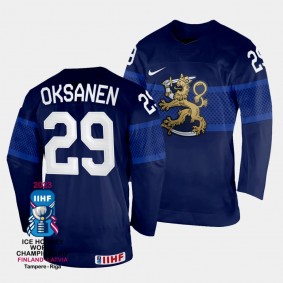 Finland #29 Ahti Oksanen 2023 IIHF World Championship Away Jersey Navy