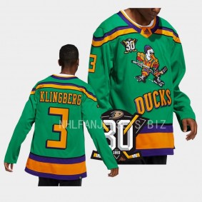 30th Anniversary John Klingberg Anaheim Ducks Green #3 Throwback Jersey 2023-24